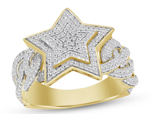 10K Solid Gold Diamond Tiered Star Chain Link Ring