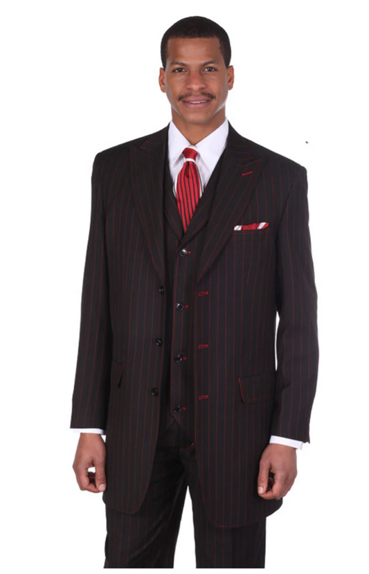 Mens 3 Button Vested Wide Peak Lapel 1920's Gangster Pinstripe Suit in Black/Red